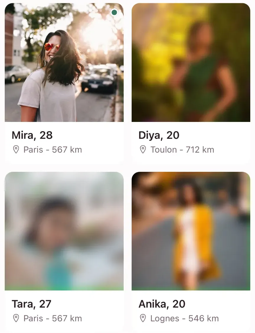 Four profile cards from the Tamil Meet app's Search screen, first name, age and city under each photo; three photos blurred, one visible.
