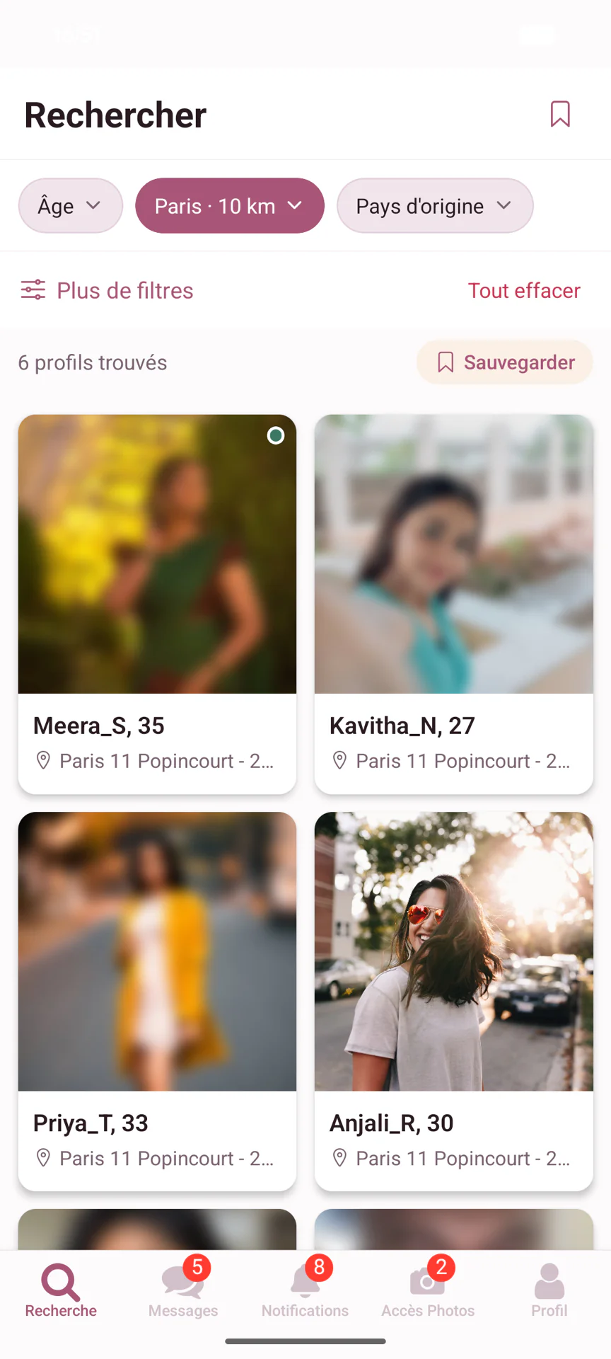 L'écran Rechercher de l'application Tamil Meet : des filtres âge, ville et pays d'origine, six profils trouvés, et des photos de profil floutées à l'exception de celle d'une personne ayant donné son accord.